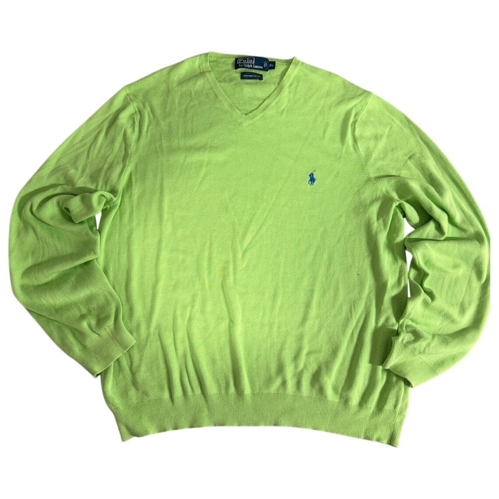 Polo Ralph Lauren Mens XL Lime Green V-Neck 100% Pima Cotton Sweater Blue Pony